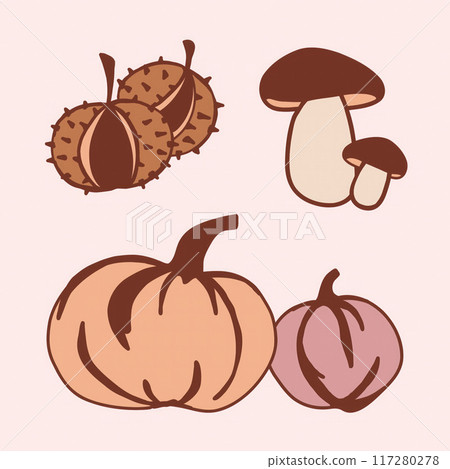 Multiple pumpkins and assorted mushrooms are arranged against a soft pink background, showcasing autumn's bounty. Multiple pumpkins and assorted mushrooms are arranged against a soft pink background, showcasing autumn's bounty. 117280278