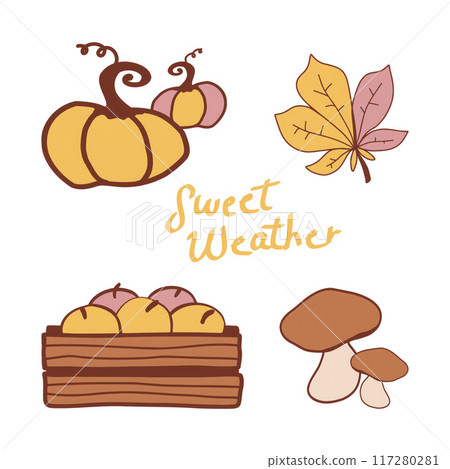 A colorful display of seasonal elements including pumpkins, apples, mushrooms, and fallen leaves decorated with the text sweet weather. A colorful display of seasonal elements including pumpkins, apples, mushrooms, and fallen leaves decorated with the text sweet weather. 117280281