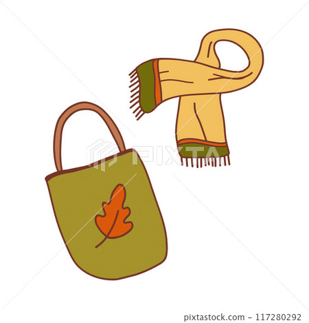 A leaf-decorated tote bag rests near a soft scarf, capturing the essence of autumn fashion essentials. A leaf-decorated tote bag rests near a soft scarf, capturing the essence of autumn fashion essentials. 117280292