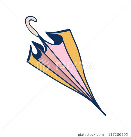 A brightly colored umbrella featuring a creative design with shades of pink, yellow, and blue displayed against a white backdrop. 117280305