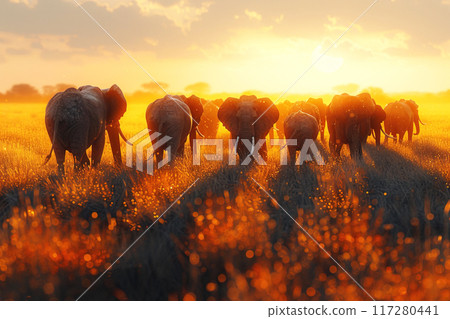 A herd of elephants with babies with trunks at sunset in the shroud, African jungle. 117280441