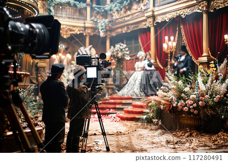 Film studio, filming, cameras, camera work, actors playing in medieval costumes. 117280491