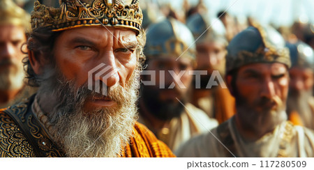 King Solomon is biblical character in Christian religion. A man wearing golden crown leads an army of soldiers. 117280509