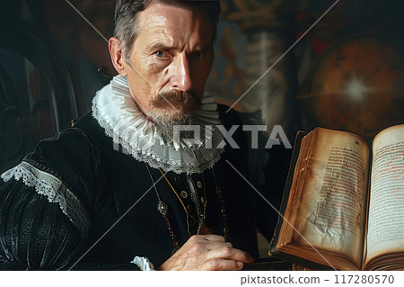 Kepler Johannes, astrologer, astronomer, natural scientist, theoretical physicist, in shorts with frill, sits in an office with maps. 117280570