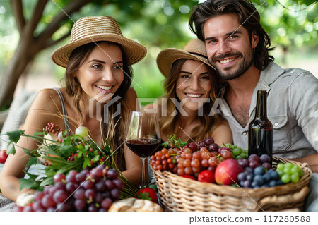 Cheerful company of friends on a picnic, man two women on a green meadow among trees at noon with a basket of food. 117280588
