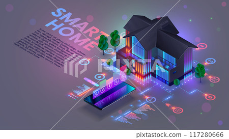 Smart home isometric conceptual background. IOT or internet of things house system. Smart home connection and control with devices through home network. Phone control domestics devices in smart home. 117280666