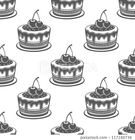 Seamless pattern, cherry and strawberry cakes, engraving, baking silhouettes. Black and white illustration, food background 117280736