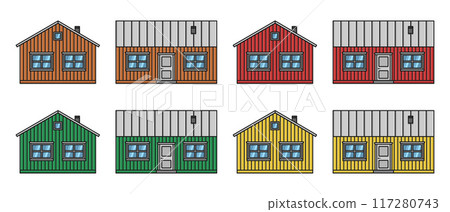 wooden scandinavian house exterior side view set vector flat illustration wooden scandinavian house exterior side view set vector flat illustration 117280743