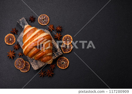 Delicious crispy sweet croissant cornet with chocolate Delicious crispy sweet croissant cornet with chocolate 117280909