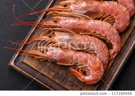 Tiger shrimp or langoustine boiled with spices and salt 117280948