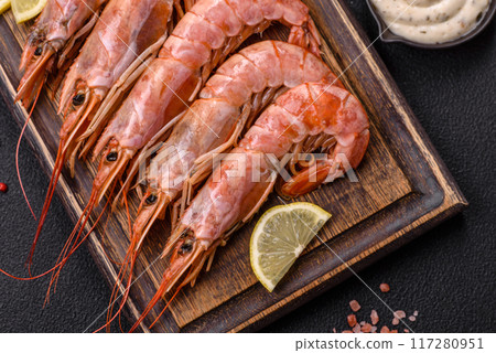 Tiger shrimp or langoustine boiled with spices and salt Tiger shrimp or langoustine boiled with spices and salt 117280951