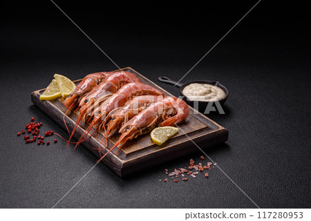 Tiger shrimp or langoustine boiled with spices and salt Tiger shrimp or langoustine boiled with spices and salt 117280953