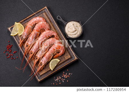 Tiger shrimp or langoustine boiled with spices and salt Tiger shrimp or langoustine boiled with spices and salt 117280954