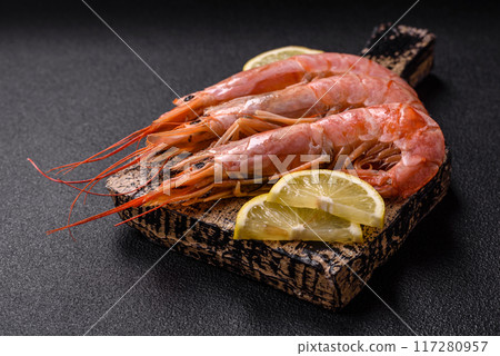 Tiger shrimp or langoustine boiled with spices and salt Tiger shrimp or langoustine boiled with spices and salt 117280957