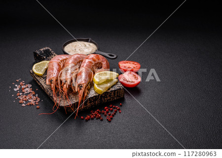 Tiger shrimp or langoustine boiled with spices and salt Tiger shrimp or langoustine boiled with spices and salt 117280963