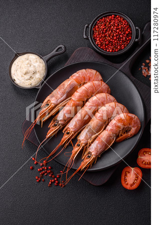 Tiger shrimp or langoustine boiled with spices and salt Tiger shrimp or langoustine boiled with spices and salt 117280974