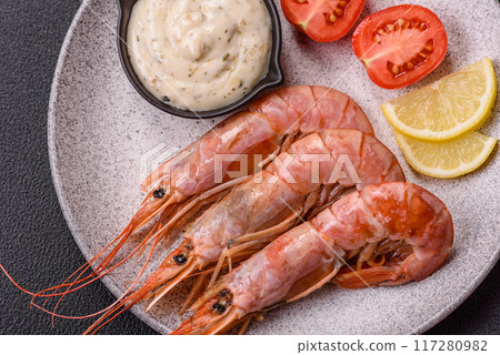 Tiger shrimp or langoustine boiled with spices and salt Tiger shrimp or langoustine boiled with spices and salt 117280982