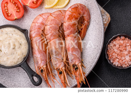 Tiger shrimp or langoustine boiled with spices and salt 117280990