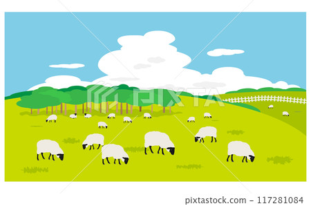 Landscape painting of Suffolk sheep grazing in a pasture 117281084