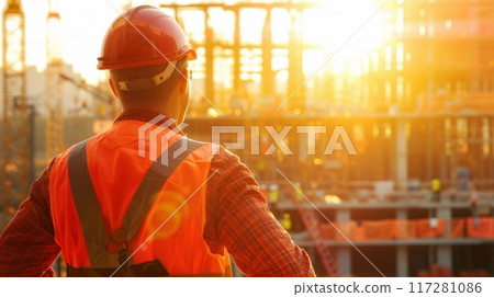 Construction engineer standing at sunset looking at building site 117281086