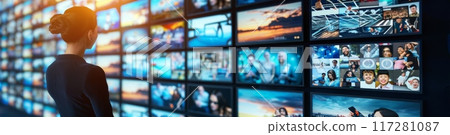 Businesswoman is looking at a wall of screens showing diverse media content Businesswoman is looking at a wall of screens showing diverse media content 117281087