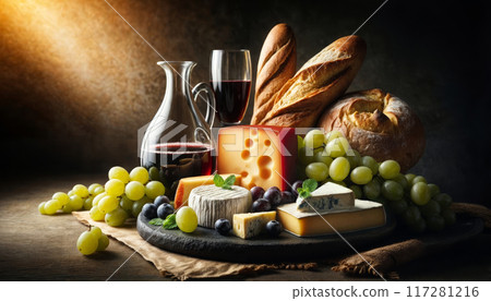 array of artisanal cheeses, freshly baked bread, alongside green and red grapes, with a carafe of red wine. Generative AI 117281216