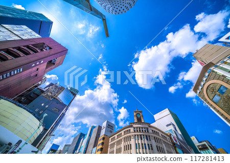 日本八月的東京城市景觀。東京銀座。 （熙熙攘攘的城市…新冠病毒大流行前的景象）…邁向希望的時代…三愛…=9天 117281413