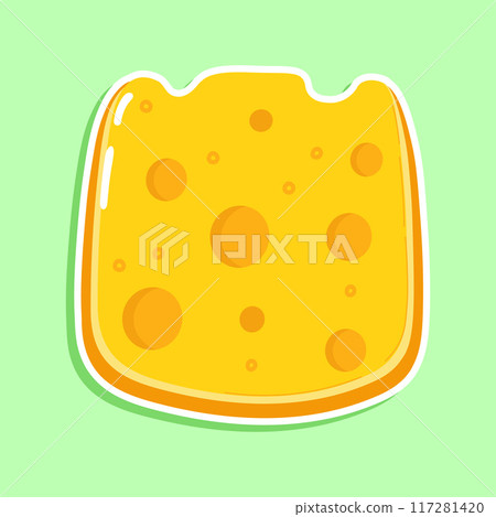 Sticker Cheese character. Vector hand drawn cartoon kawaii character illustration icon. Isolated on green background. Cheese character concept 117281420