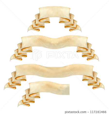 Set of vintage blank beige ribbons for decorative text ancient design in various lengths. Watercolor illustration of an scroll manuscript. Rolled paper banner templates in pastel beige, brown colors Set of vintage blank beige ribbons for decorative text ancient design in various lengths. Watercolor illustration of an scroll manuscript. Rolled paper banner templates in pastel beige, brown colors 117281466