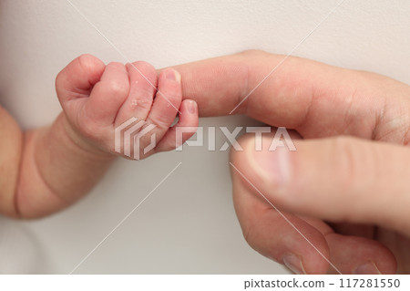 The newborn baby has a firm grip on the parent's finger after birth. Close-up little hand of child and palm of mother and father. Parenting, childcare and healthcare concept. 117281550
