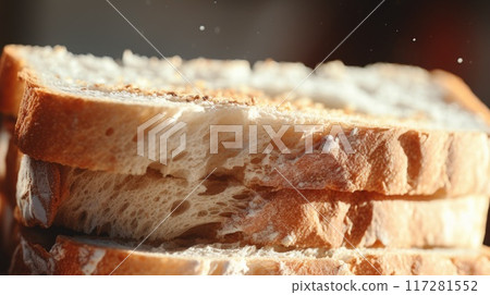 Close up of fluffy white bread slices, toasted edges, food background 117281552