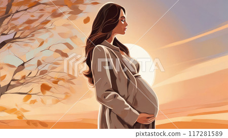 Pregnant woman in profile with her hands on her belly. 117281589