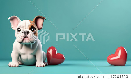 Birthday party invitation card template with a Cute baby bulldog puppy,  hearts and stars on turquoise background. Birthday party invitation card template with a Cute baby bulldog puppy,  hearts and stars on turquoise background. 117281730