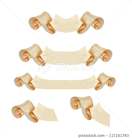 Set of paper blank beige ribbons for decorative text of various lengths. Watercolor illustration of vintage scroll, manuscript, curly label. Rolled banner templates in pastel beige and brown colors Set of paper blank beige ribbons for decorative text of various lengths. Watercolor illustration of vintage scroll, manuscript, curly label. Rolled banner templates in pastel beige and brown colors 117281763
