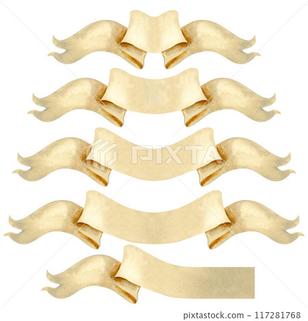 Set of paper blank beige ribbons for decorative text of various lengths. Watercolor illustration of vintage scroll, manuscript, curly label. Rolled banner templates in pastel beige and brown colors 117281768