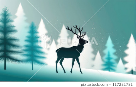 Vector abstract design template from Christmas background with raindeer winter forest, snow in turquoise and gold colors. 117281781