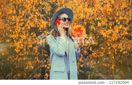 Autumn portrait of happy smiling young woman with yellow maple leaves calling on mobile phone 117282004