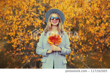 Autumn portrait of beautiful happy smiling woman with yellow maple leaves in the park 117282005