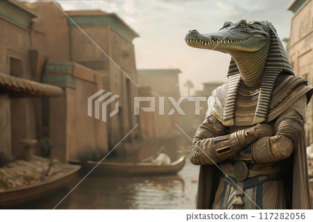 Crocodile-headed Egyptian god Sobek standing by a river in an ancient city, wearing traditional headdress Crocodile-headed Egyptian god Sobek standing by a river in an ancient city, wearing traditional headdress 117282056