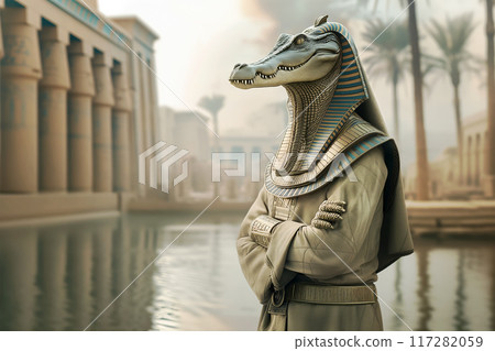 Crocodile-headed Egyptian god Sobek standing by a river in an ancient city, wearing traditional attire 117282059