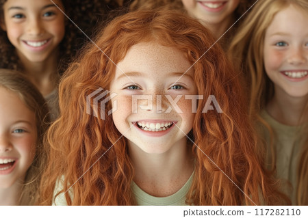 Close-up of a redheaded girl with freckles smiling brightly, surrounded by her smiling friends 117282110