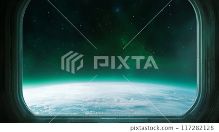 View of Earth from a spacecraft window, with the planet's curvature and atmosphere visible against a starry sky 117282128