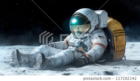 Tired astronaut sitting on the moon's surface, resting under a starry sky 117282142