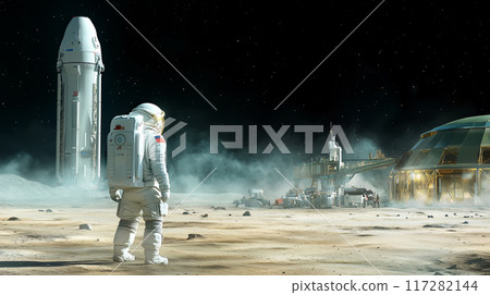 Astronaut standing on the moon, looking at cunstruction of a lunar base 117282144