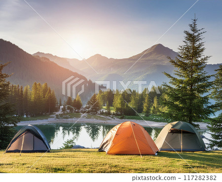 Tranquil Morning Camping by the Lake in the Forest 117282382