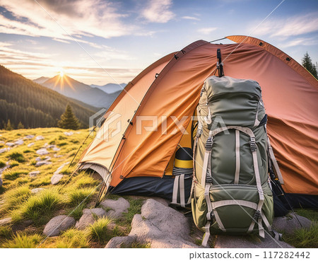 Scenic Campsite Setup in a Forested Wilderness 117282442