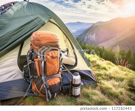 Scenic Campsite Setup in a Forested Wilderness 117282443