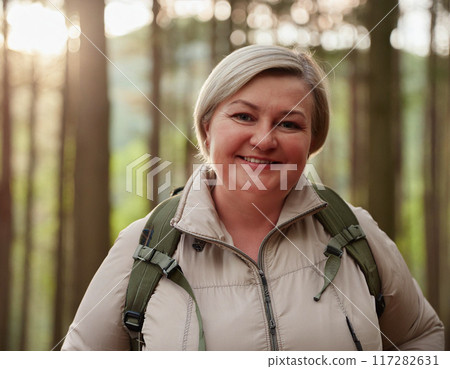 Solo Female Hiker on Forest Trail: One Woman Adventuring 117282631