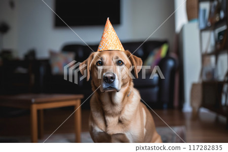Pet dog in a birthday cap wearing a hat in a home interior. Generative AI 117282835