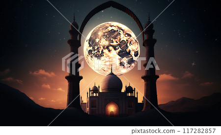 The end of the month of Ramadan, the mosque and the moon in the dark at sunset. Generative AI 117282857